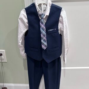 Van Heusen Boys Navy 4 Piece Suit Set with Plaid Tie, Button Down & Vest